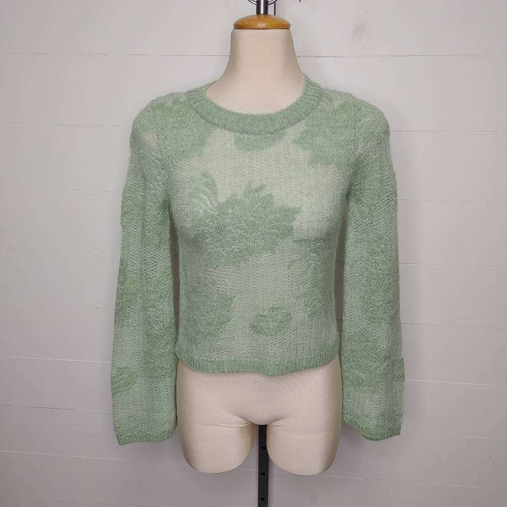 Anthropologie Green Floral Flare Sleeve Sweater Size XS